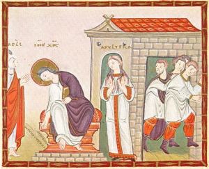 Jesus writing in the sand, Codex Egberti, Carolingian 10thC