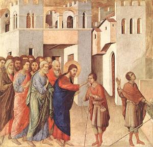 Jesus heals the man born blind, Duccio, 14thC