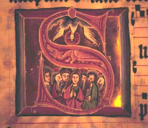 Holy Spirit at Pentecost, illuminated gradual, Unterlinden, 14thC