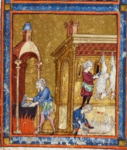 Slaughtering Passover lambs, Golden Haggadah, Spain, 14thC